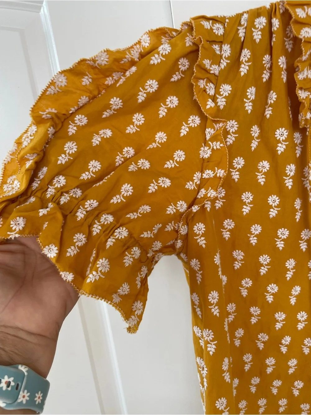J. Crew Mustard Yellow Floral Ruffle Sleeve Blouse